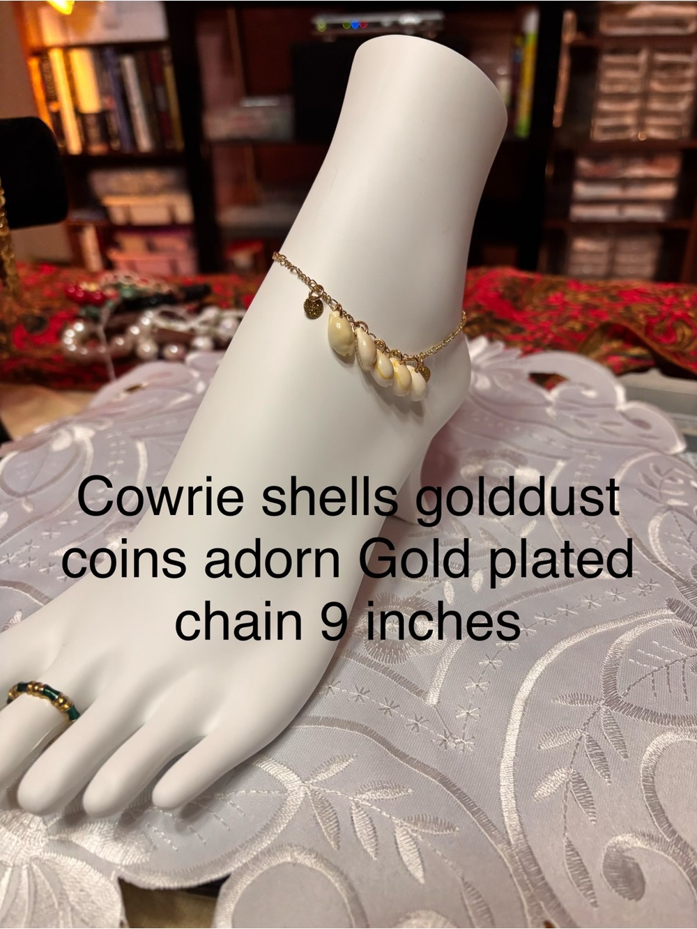 Handmade gold plated chain Anklet decorated with cowrie shells 9 inches